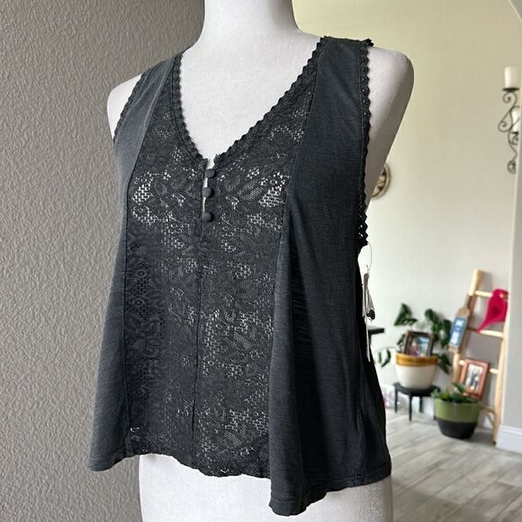 NWT BillaBong Gray Tank Racerback Lace Flowy Lose Fit S Aztec Boho Sheer - Picture 6 of 12